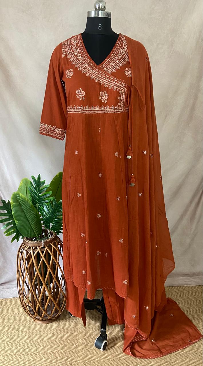 Rust orange ankhara kurti with bottom and dupatta