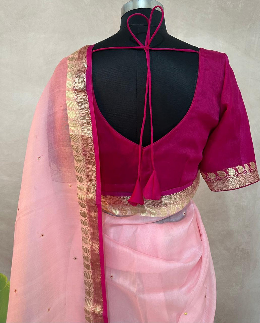 Kora silk saree with small border and stitched blouse and under skirt