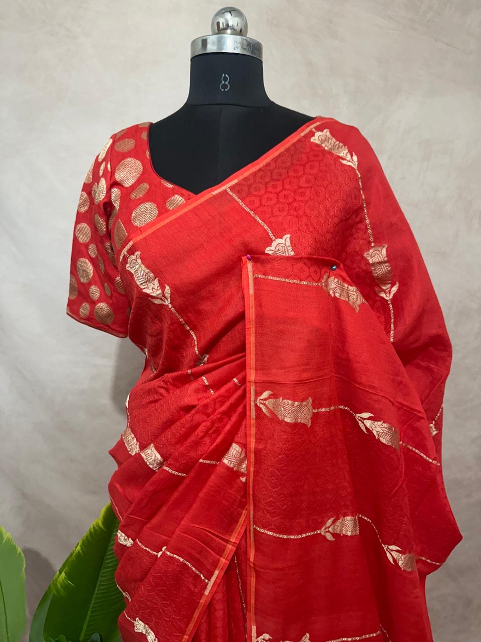 Red munga silk saree with stitched blouse