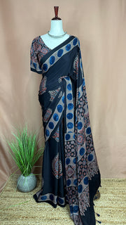 Ajrakh handblock printed modal silk saree with stitched blouse