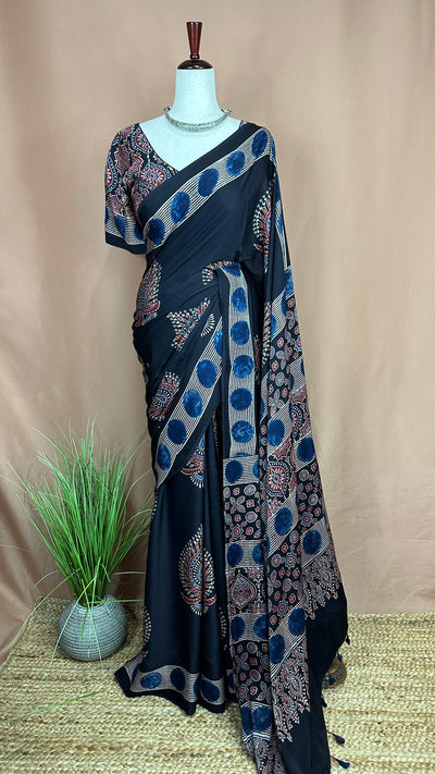 Ajrakh handblock printed modal silk saree with stitched blouse