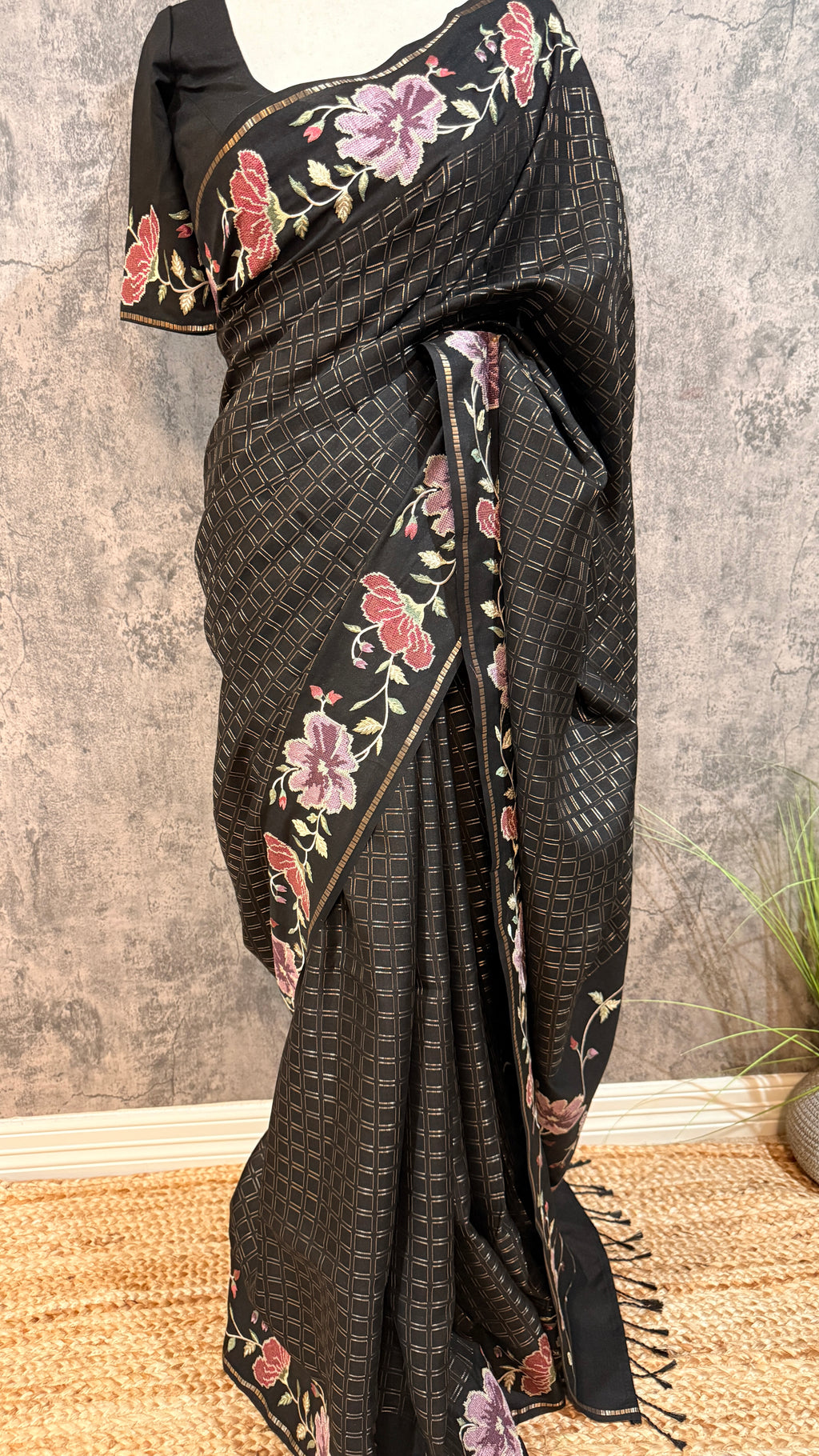 Semi tussar saree with embroidery and stitched blouse