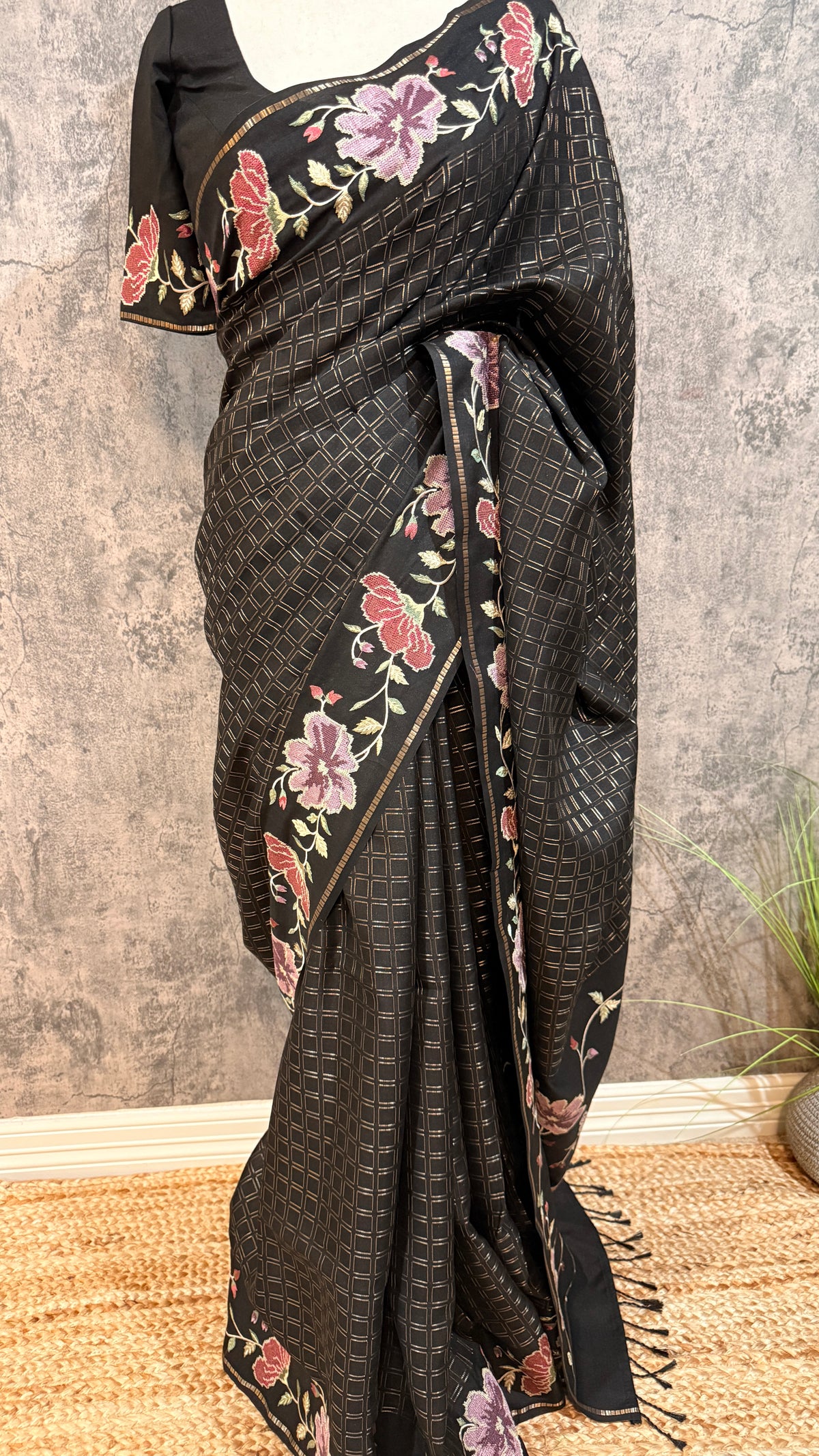 Semi tussar saree with embroidery and stitched blouse