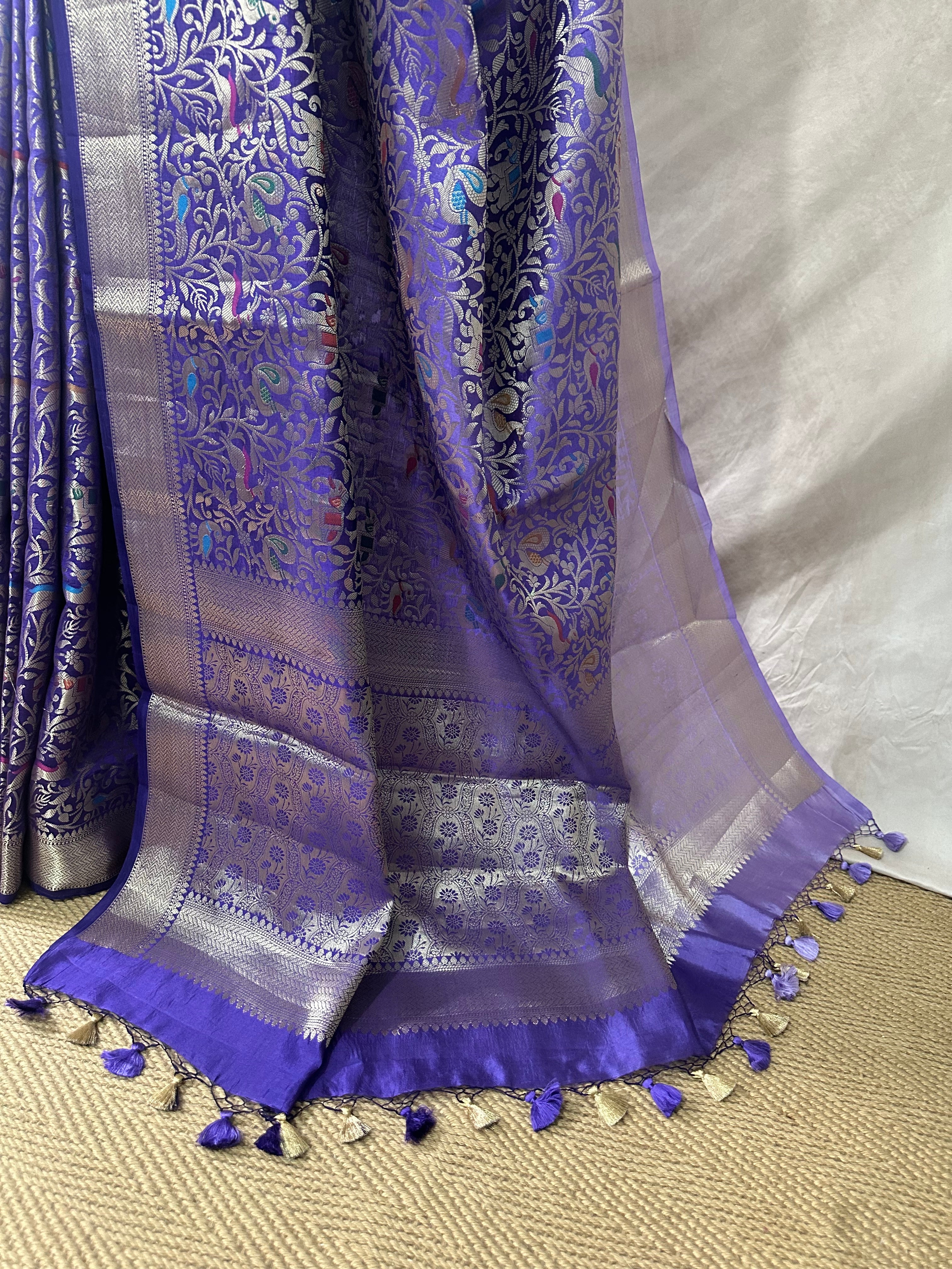 Silk saree with bird motif and meerankari weave, stitched blouse