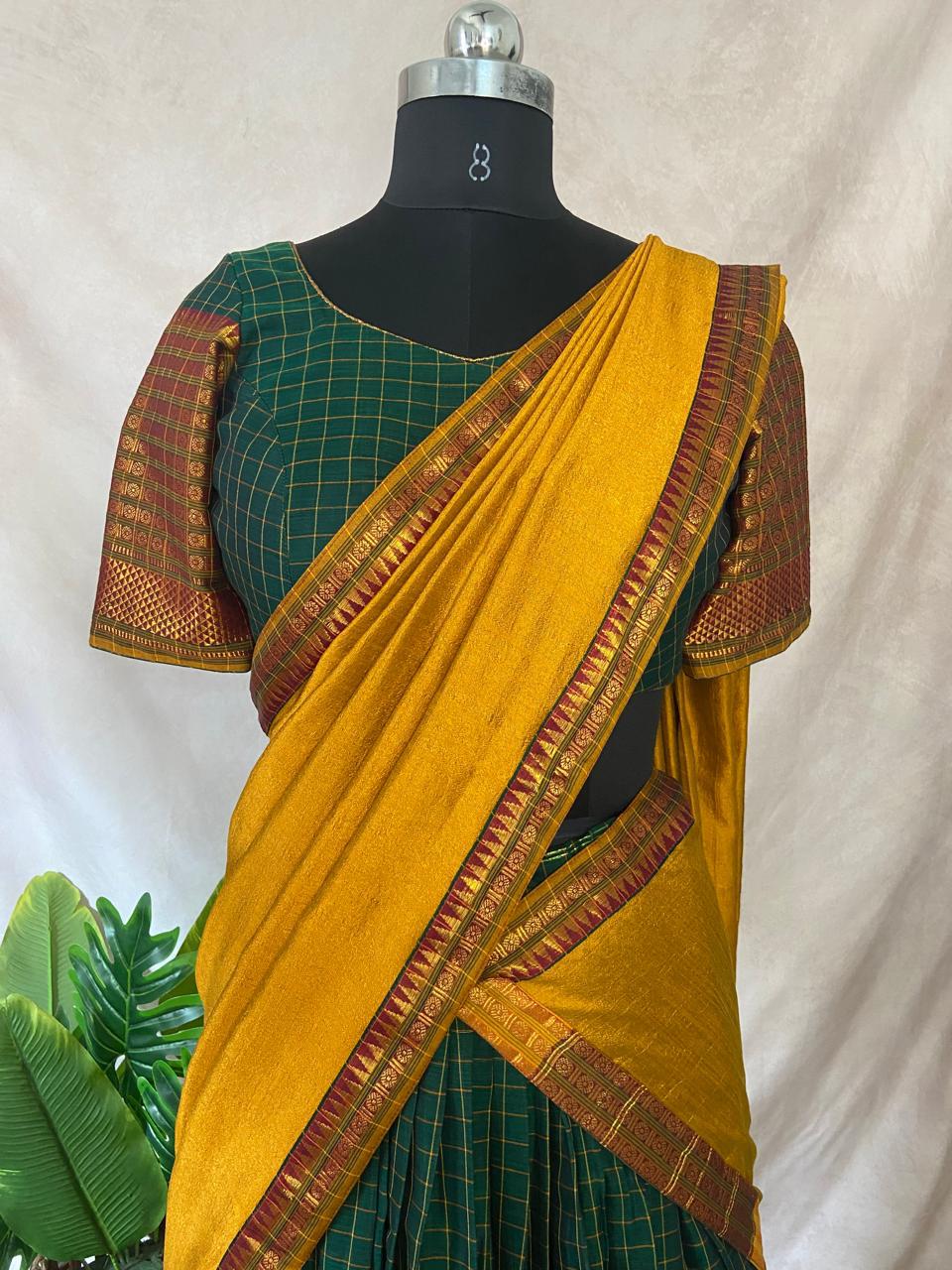 Bottle green narayenpettu cotton silk dhavani