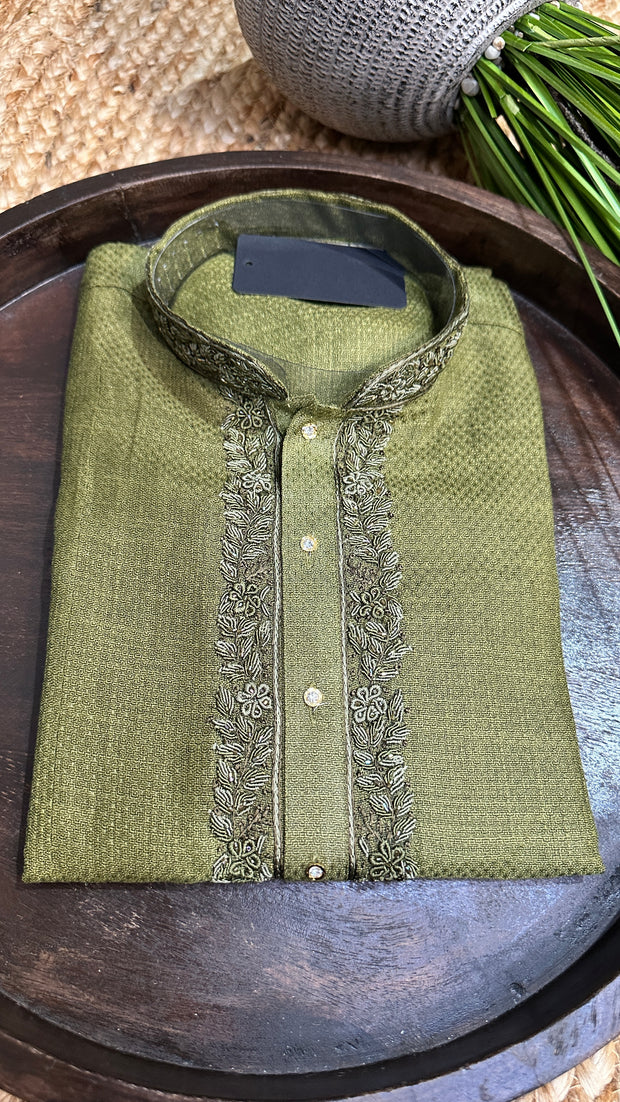 Olive green cotton silk kurta with hand emroidery -38