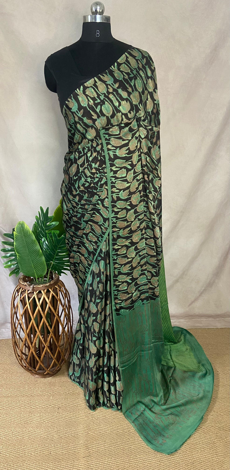 Nashpal Tussar by modal silk saree with hand block print with natural dye, with BP