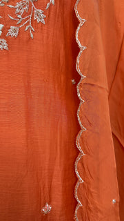 Orange Chanderi silk kurti set with hand emroidery