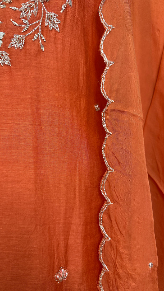 Orange Chanderi silk kurti set with hand emroidery