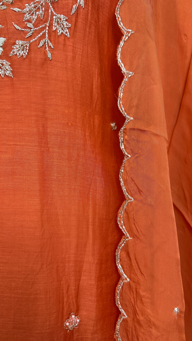 Orange Chanderi silk kurti set with hand emroidery