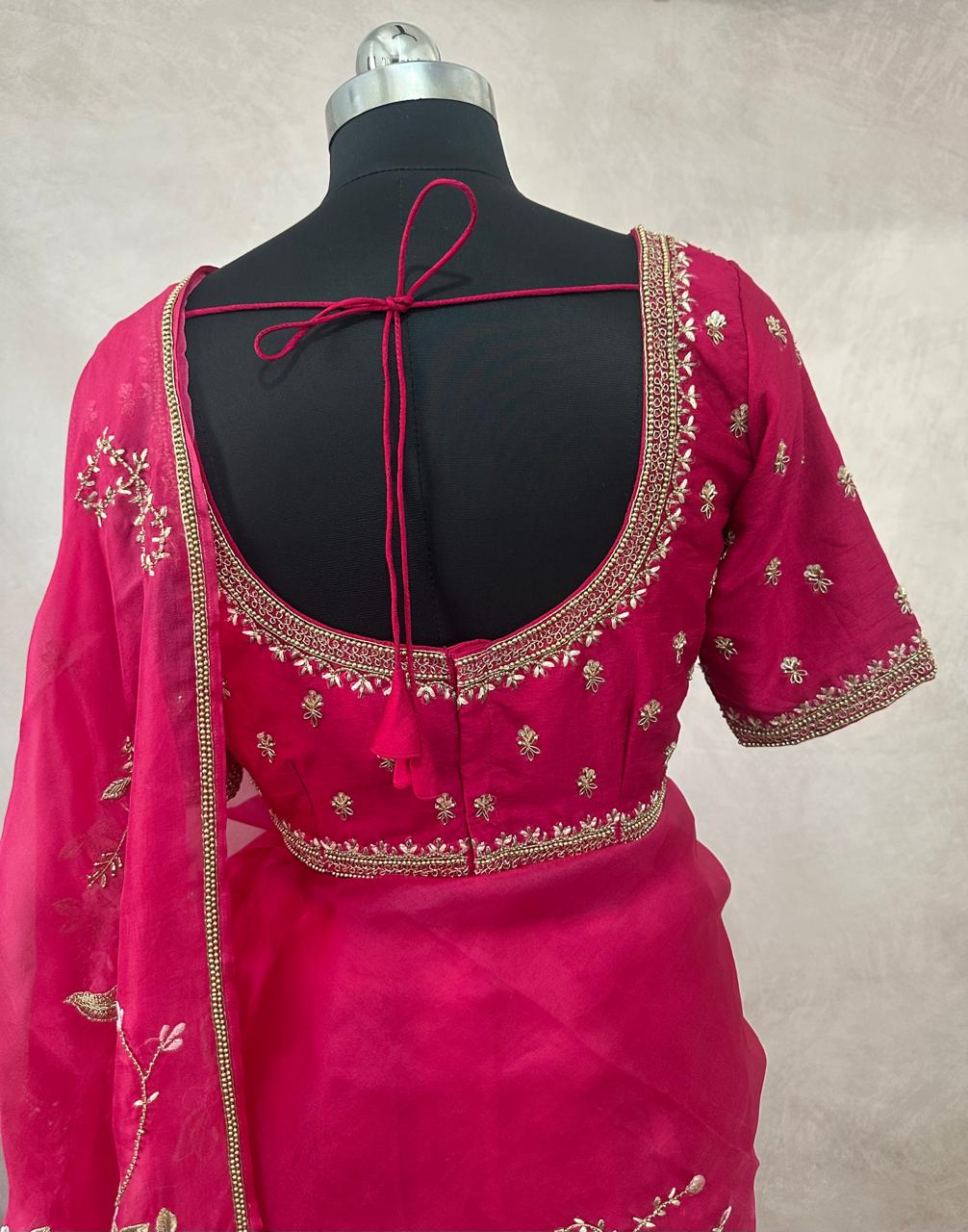 Pink organza saree with han embroidery and stitched blouse