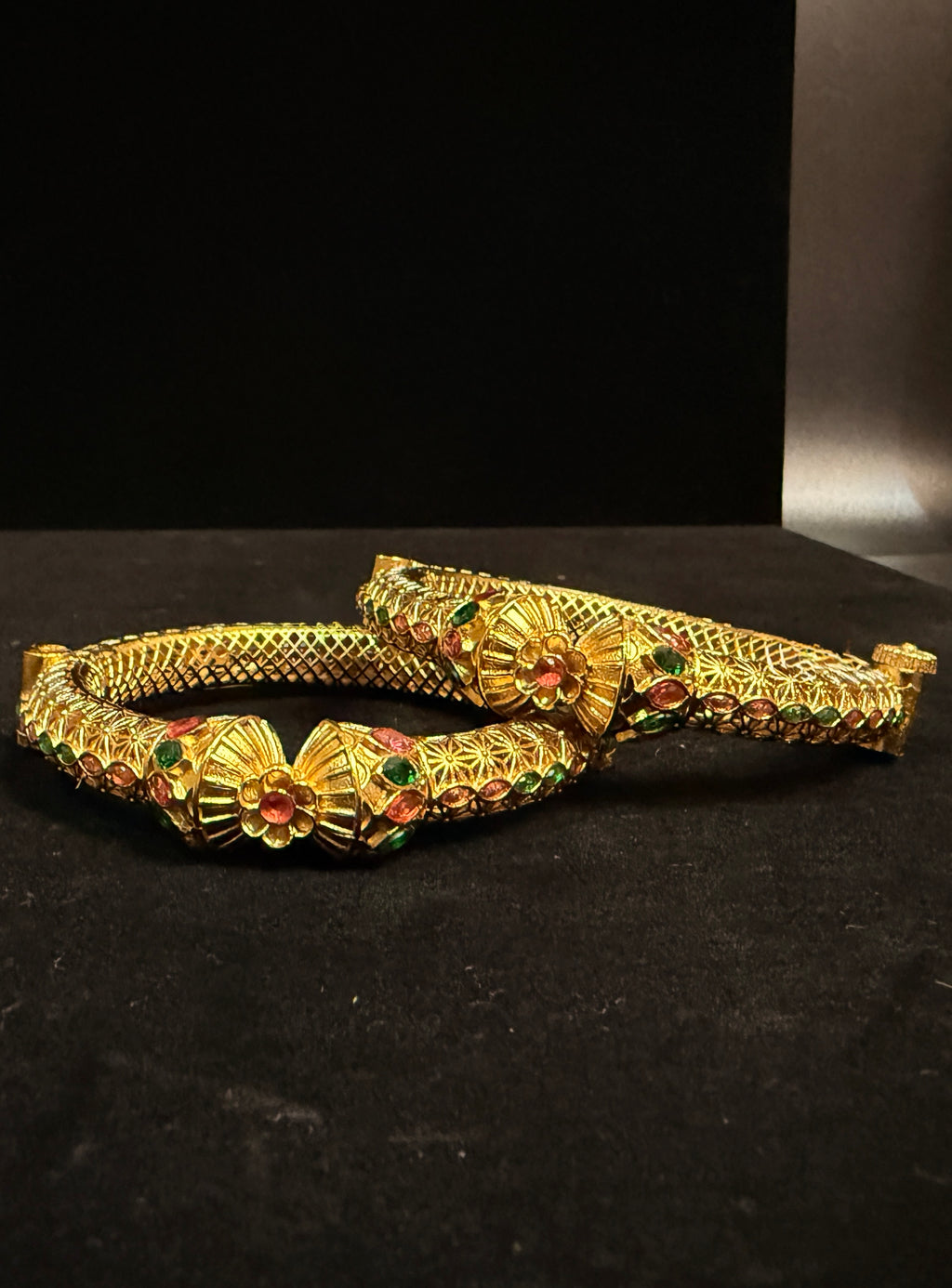 Gold openable kada with red and green stone (fits 2.6 to 2.10)