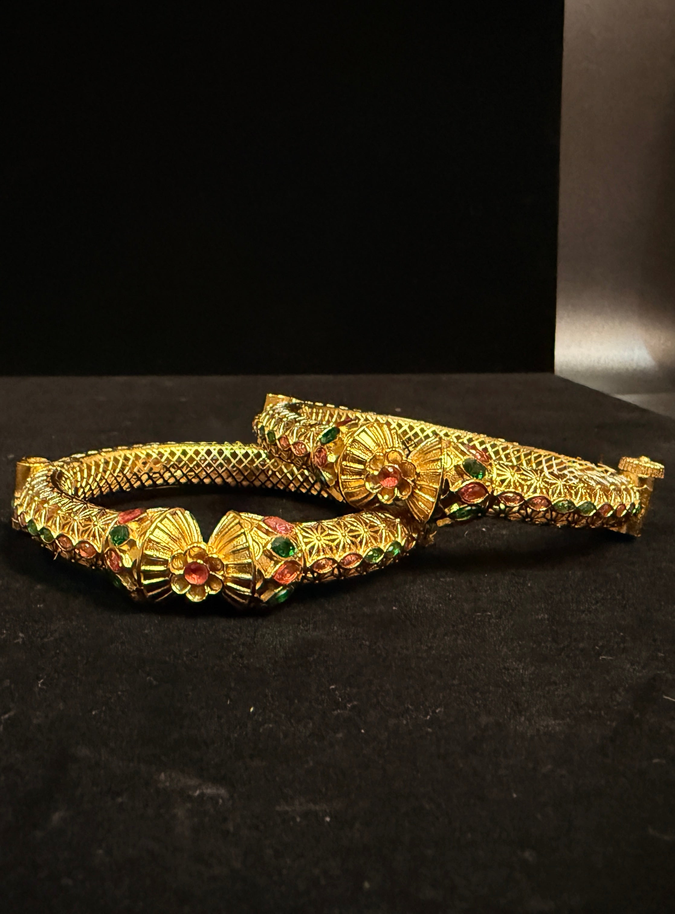 Gold openable kada with red and green stone (fits 2.6 to 2.10)