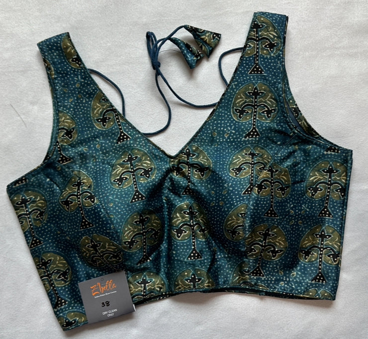 Indigo blue ajrakh hand printed modal silk blouse