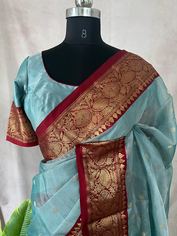 Pastel blue chanderi silk saree with stitched blouse