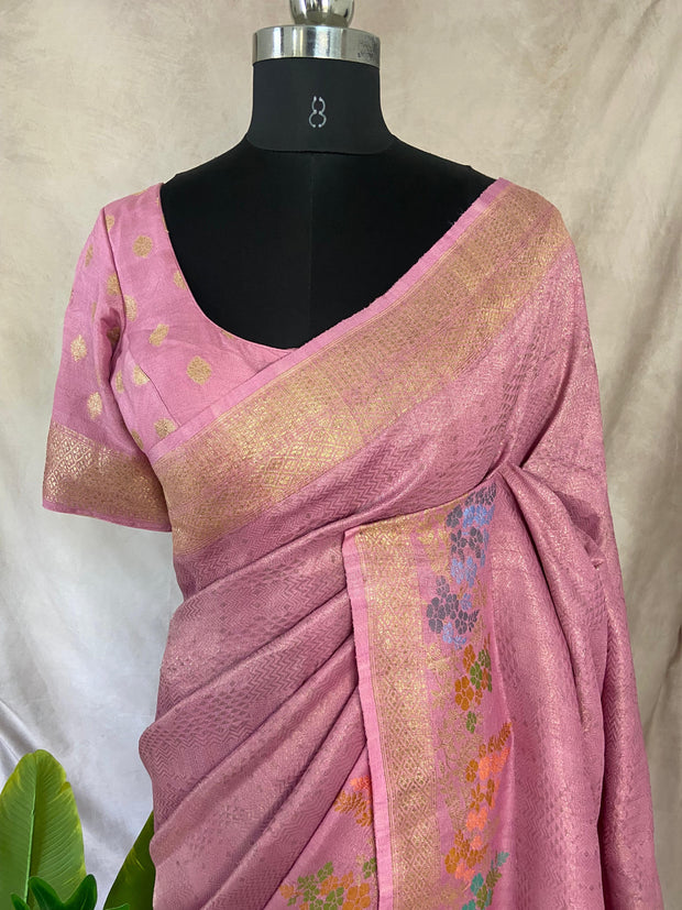 Light pink tussar brocade saree with meenakari weave, stitched blluse