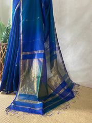 Blue double shaded Maheswari silk cotton saree with stitched blouse