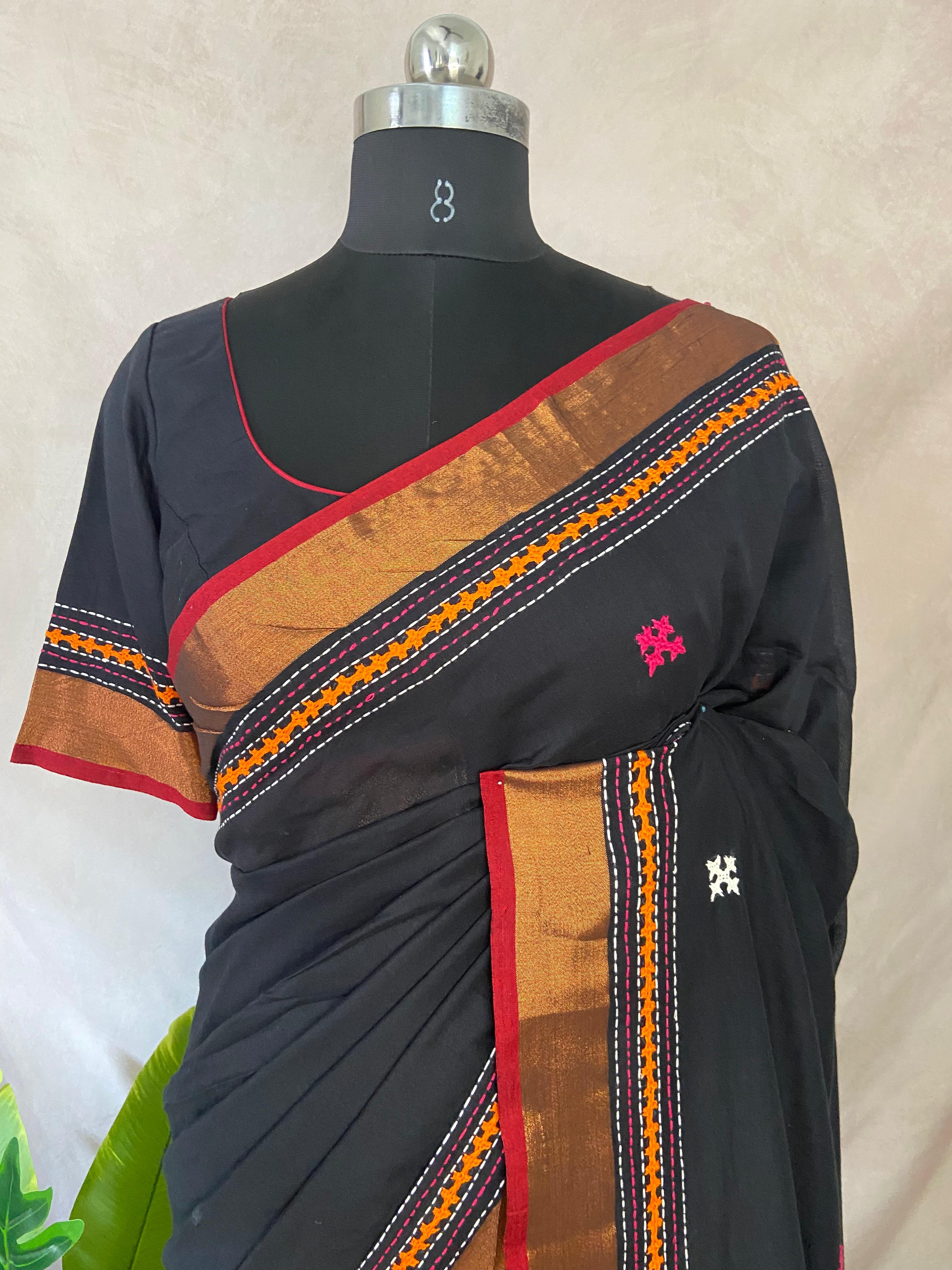 Black cotton saree with kutch work and stitched blouse