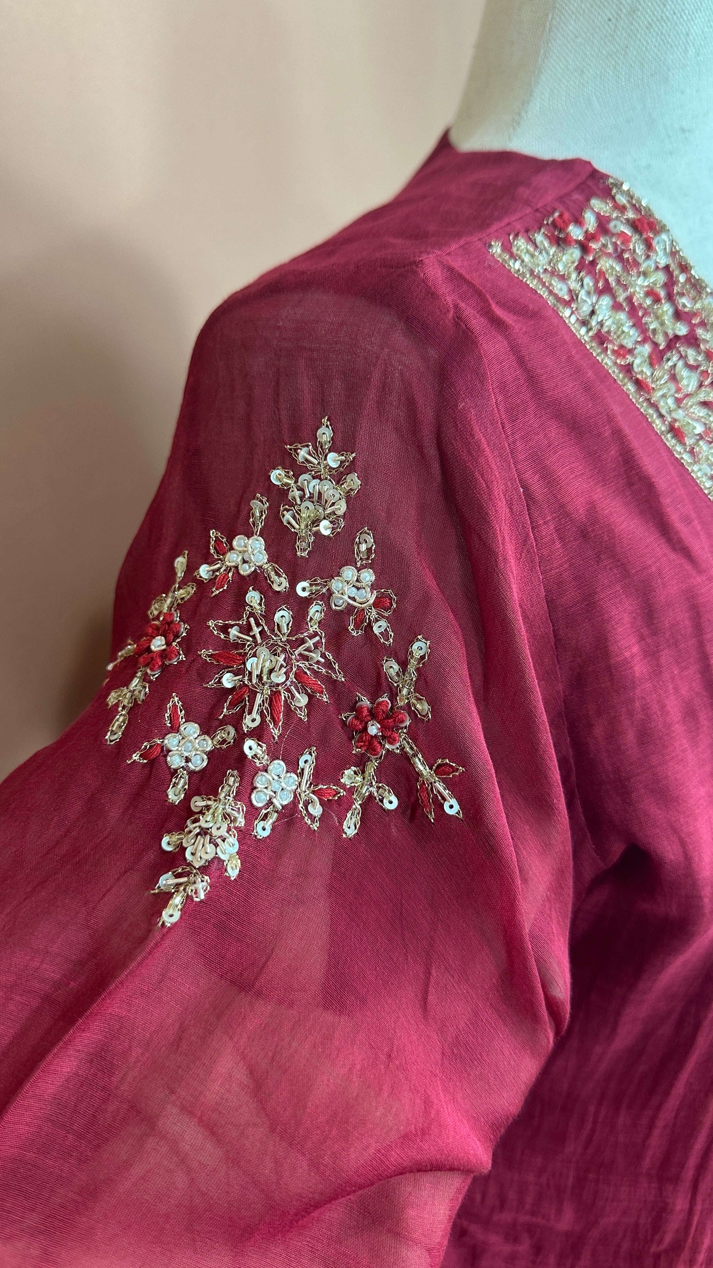 Reddish Maroon Chanderi silk kurti set with hand embroideri