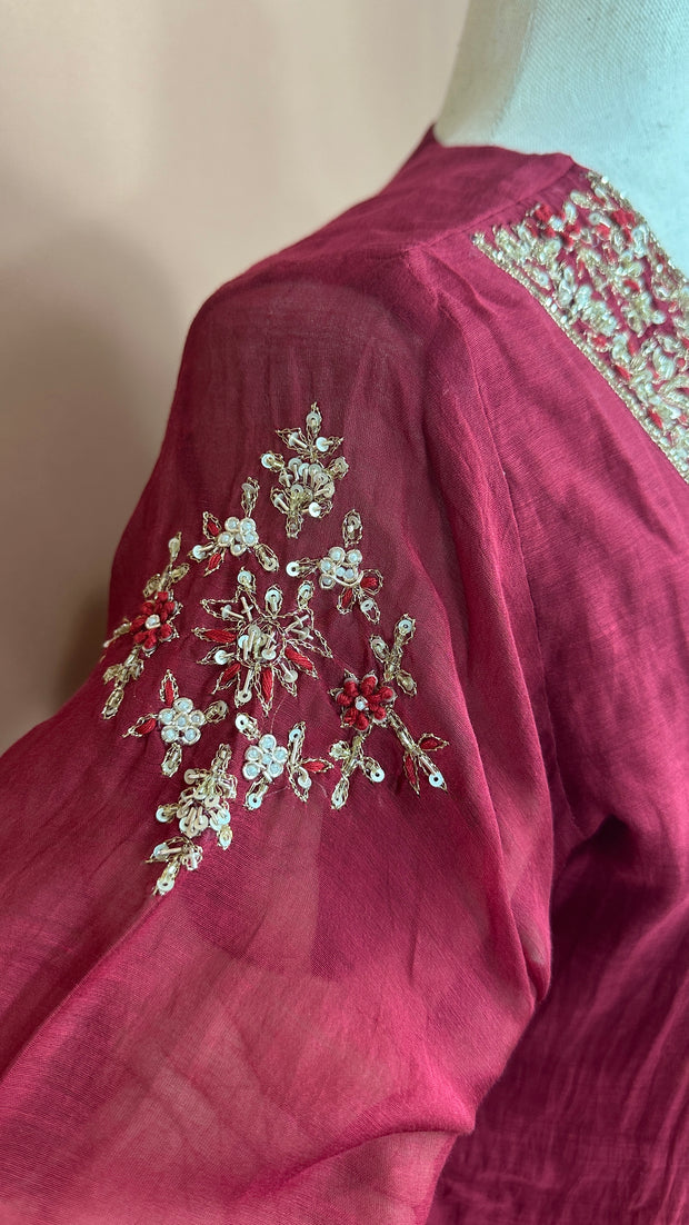 Reddish Maroon Chanderi silk kurti set with hand embroideri