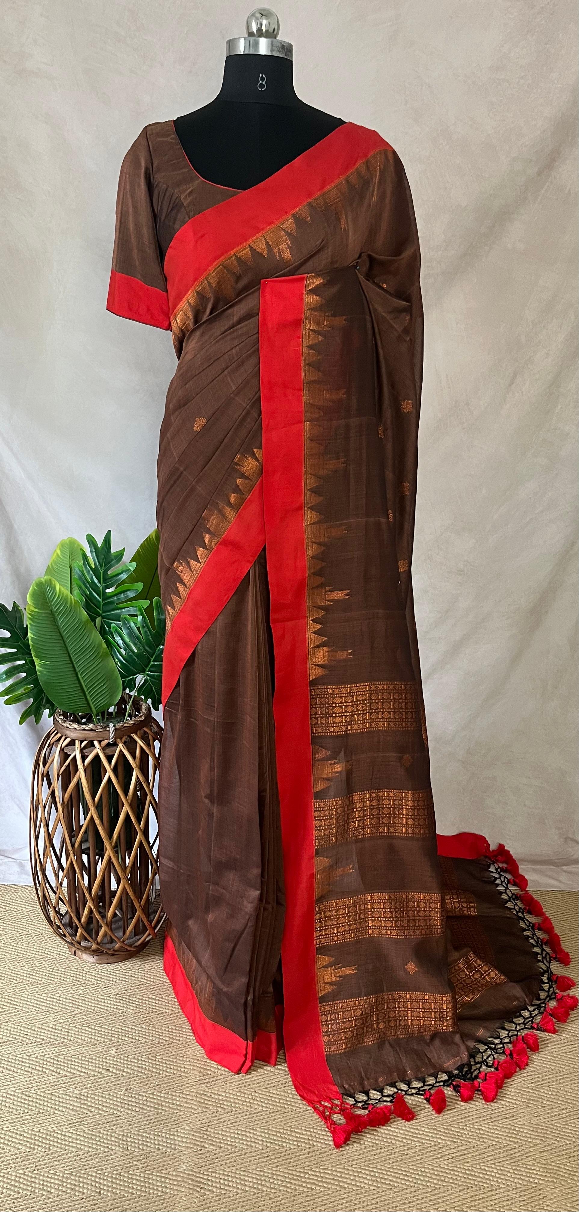 Handloom cotton saree with temple border and stitched blouse