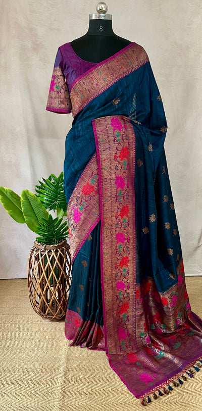 Pure Dupion silk Teal blue saree with muniya border and stitched blouse