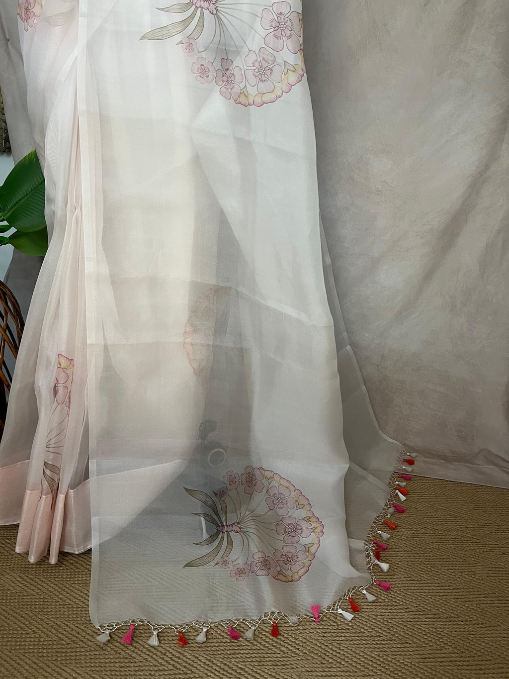 Pastel pink silk organza saree with digital print, with BP