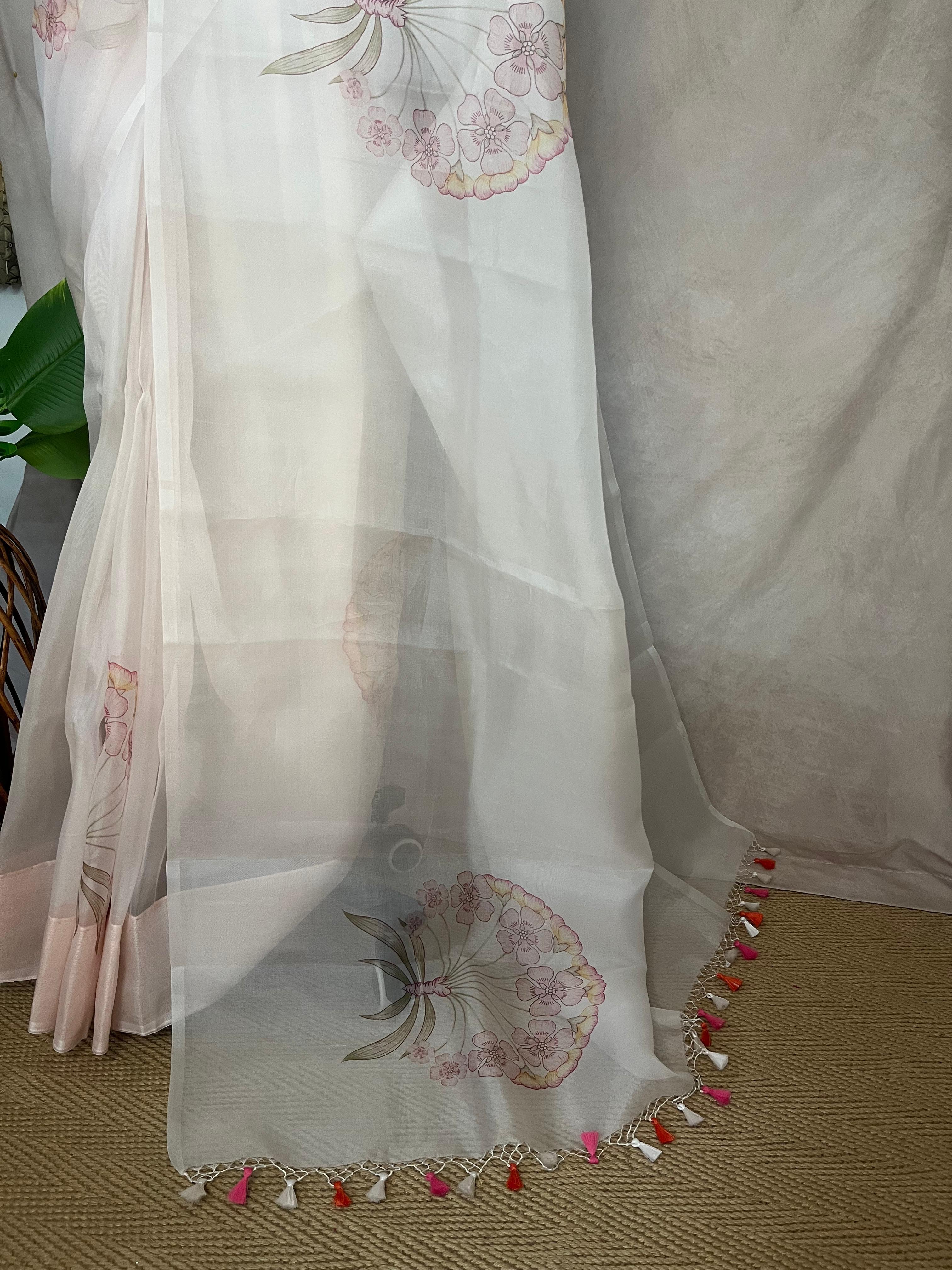 Pastel pink silk organza saree with digital print, with BP