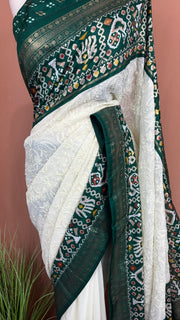 Georgette chikankari saree with printed pattola border, Stitched blouse