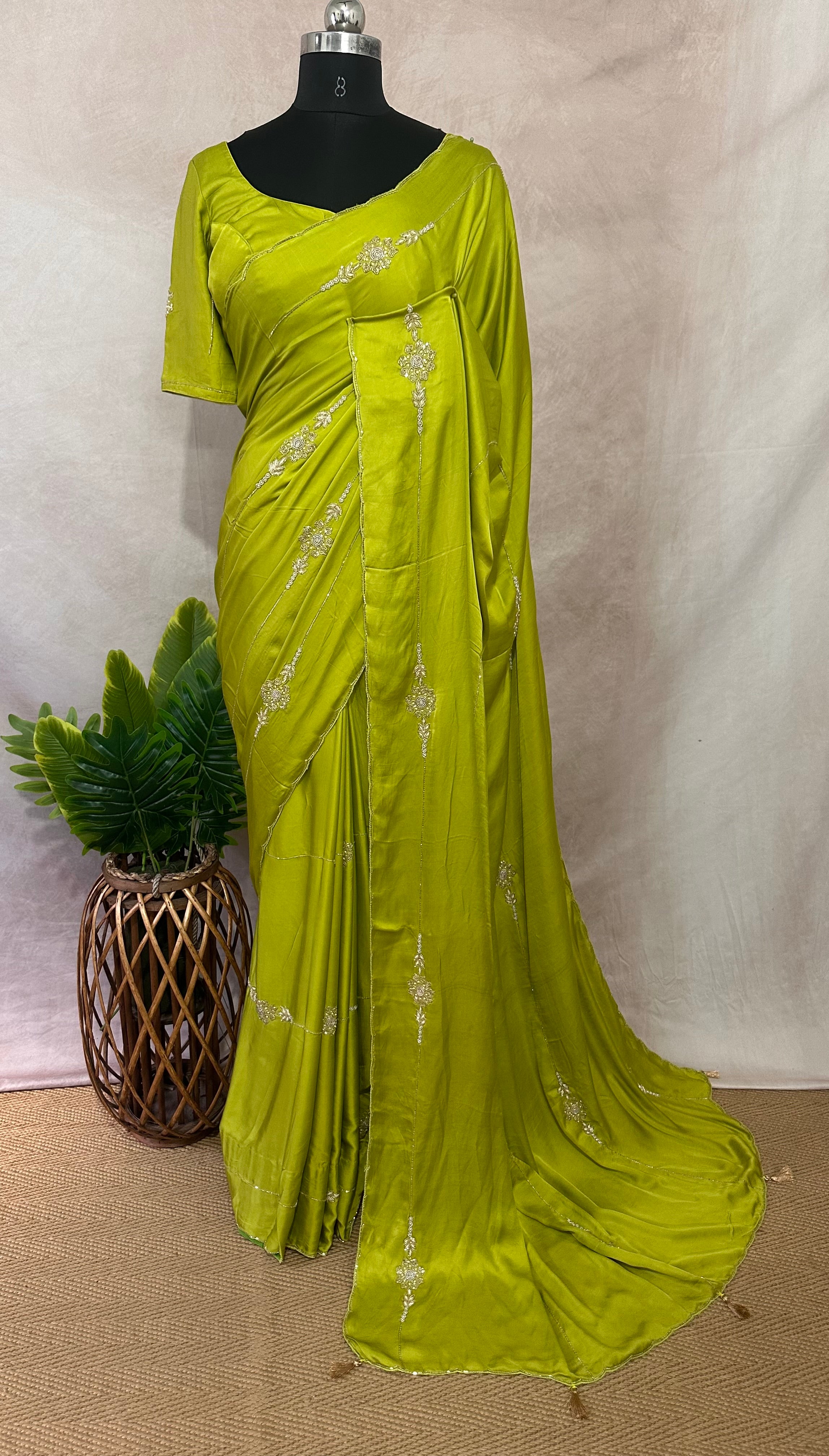 Modal silk saree with hand embroidery and stitched blouse