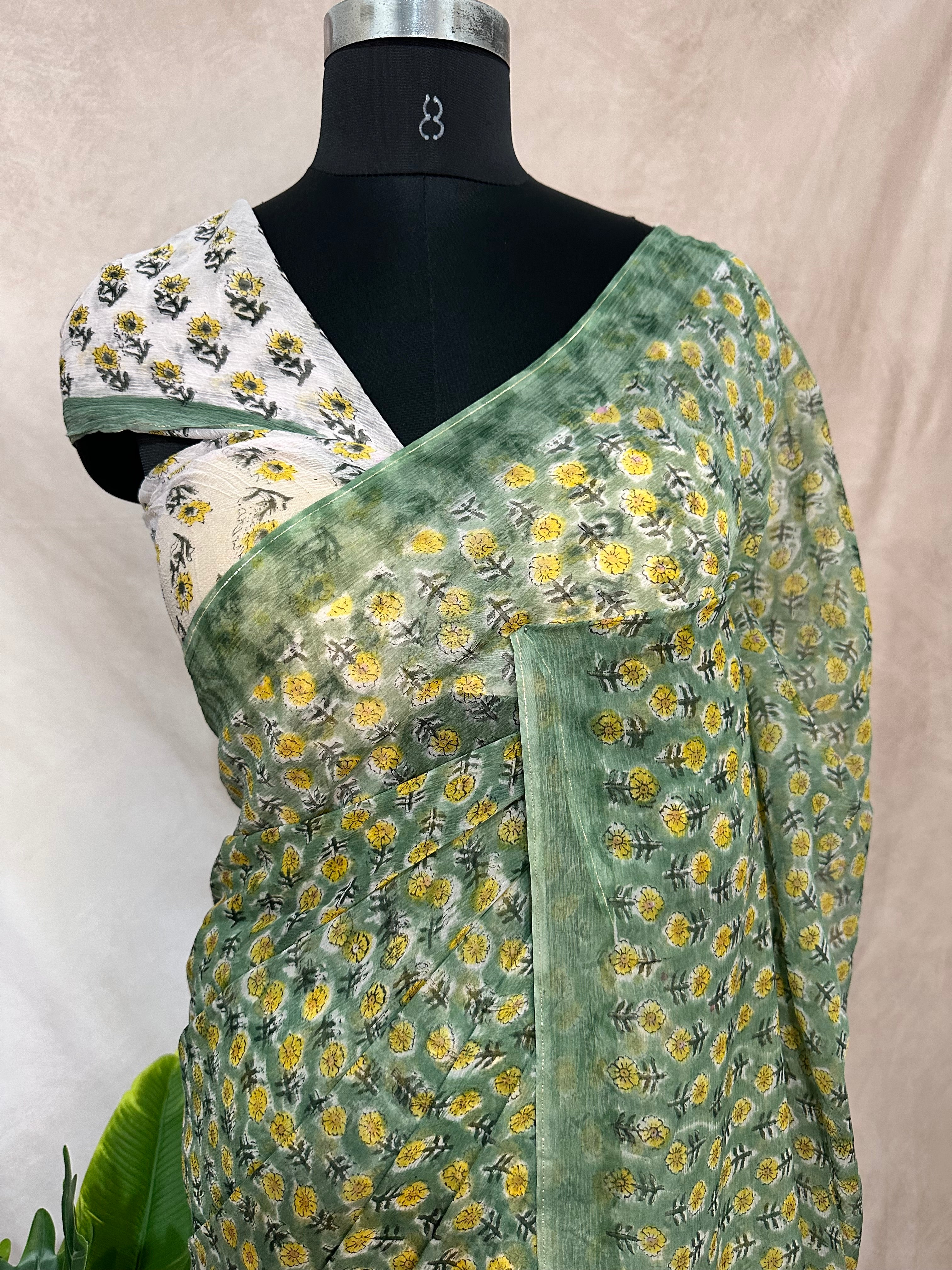Premium handblock printed Pure Chiffon saree , with BP