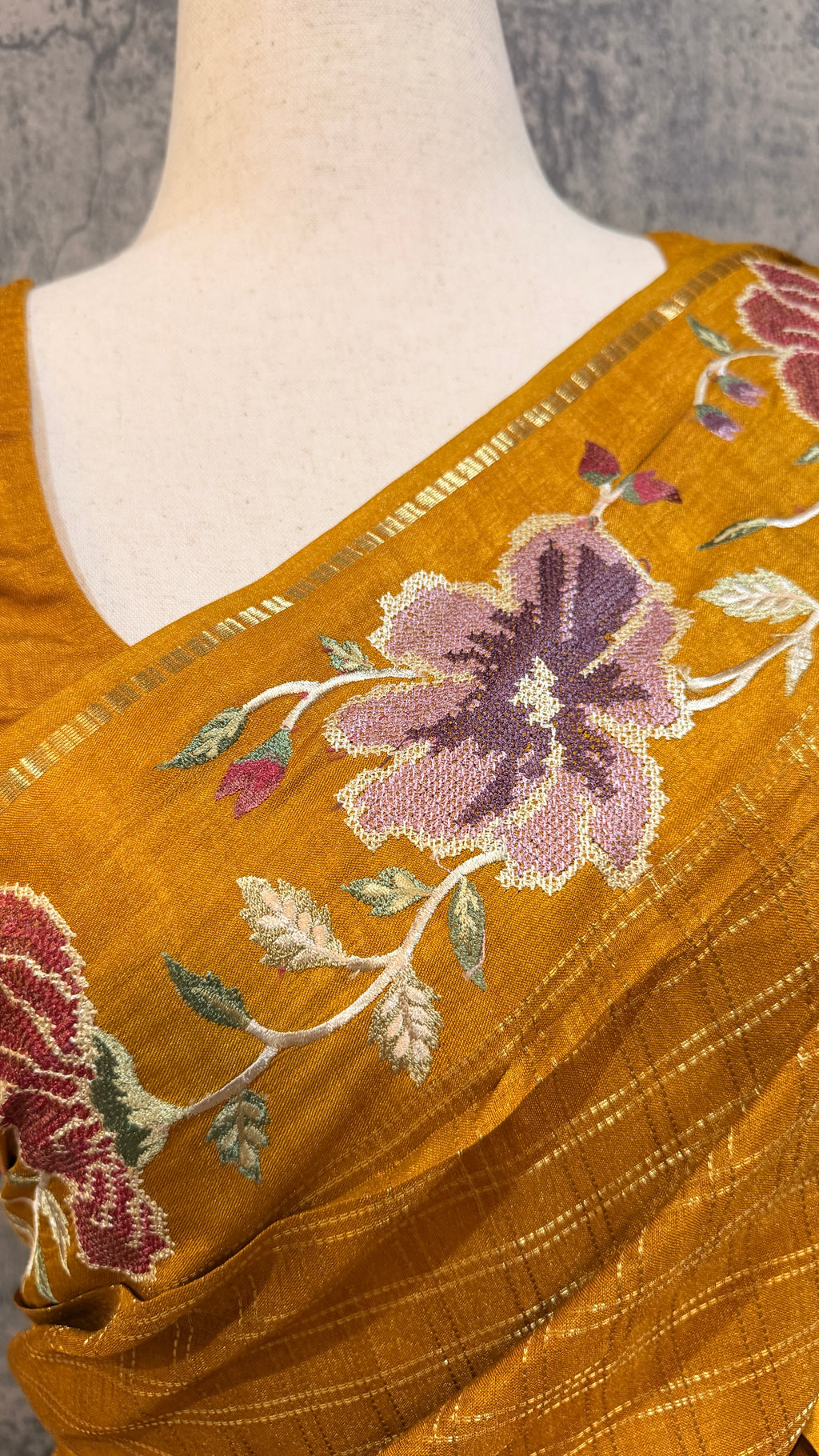 Semi tussar saree with embroidery and stitched blouse