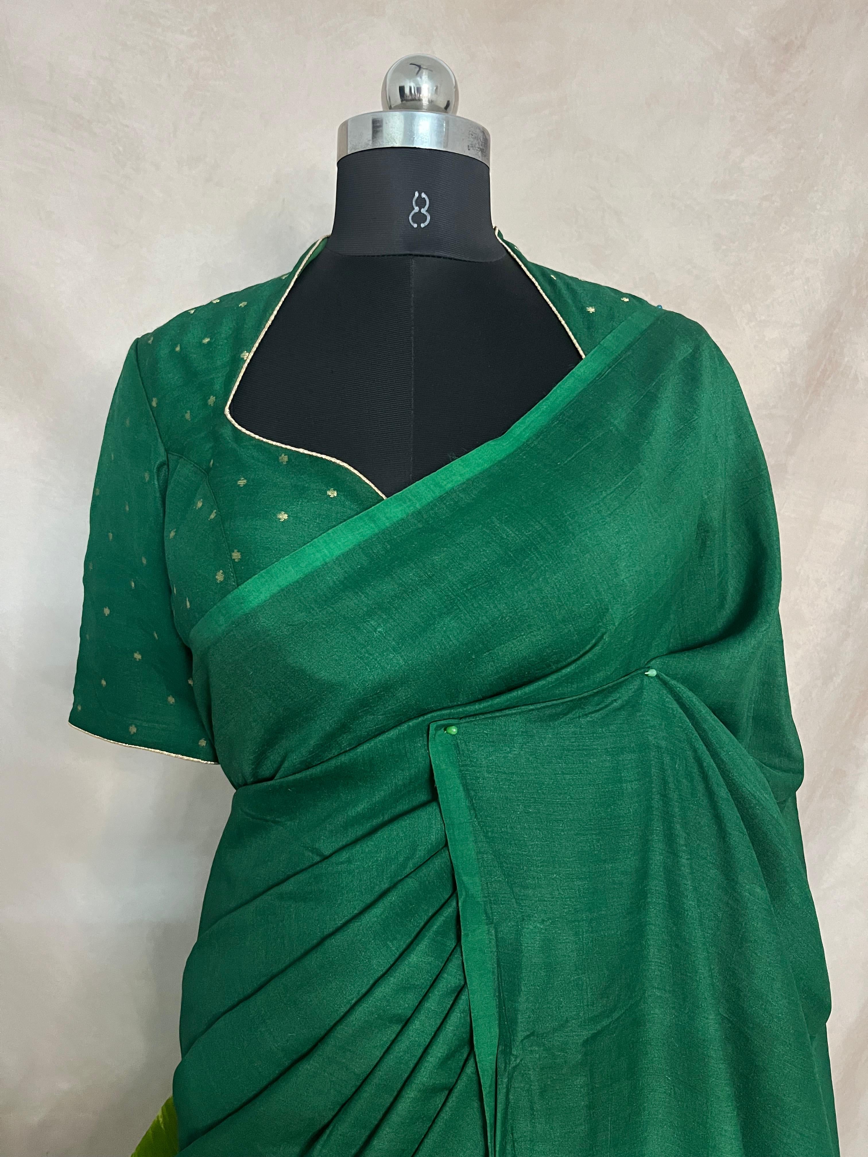 Bottle green munga tussar silk saree with designer pallu and stitched blouse
