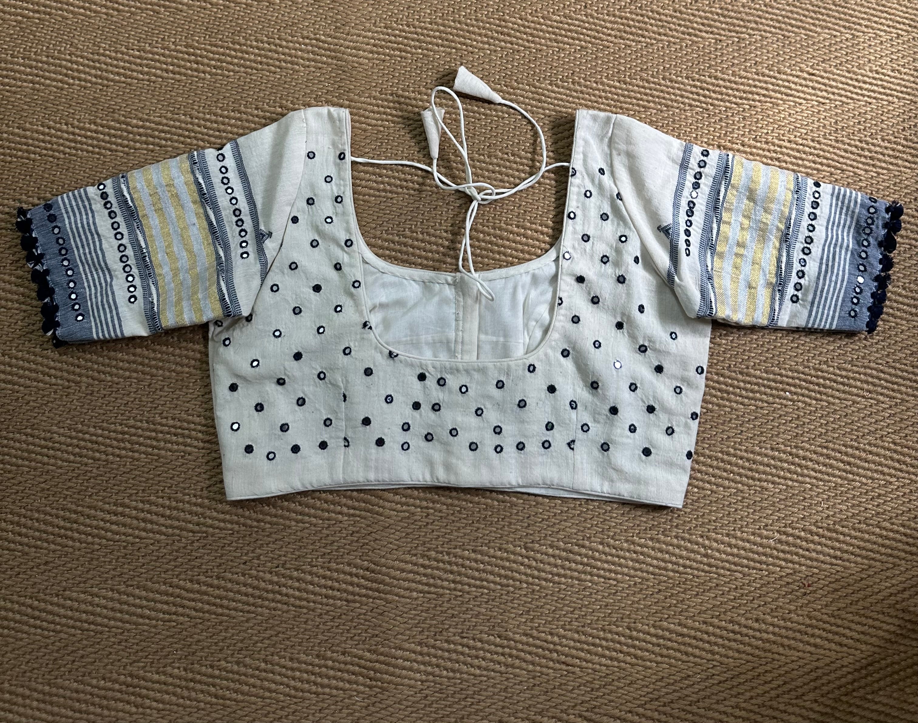 Off white Kala cotton black blouse with mirror work