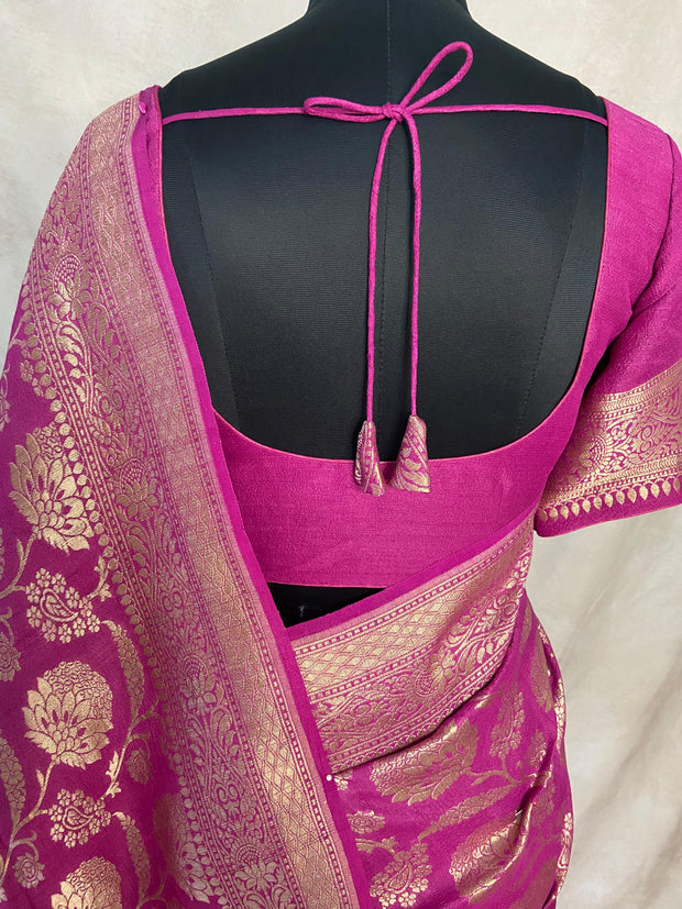 Majenta pure tussar silk saree eith stitched blouse