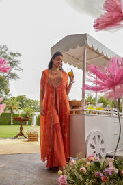 Coral color crepe silk top with flared bottom