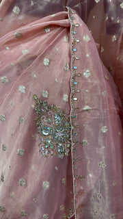 Peach Tissue silk saree with hand emroidery and contract blouse