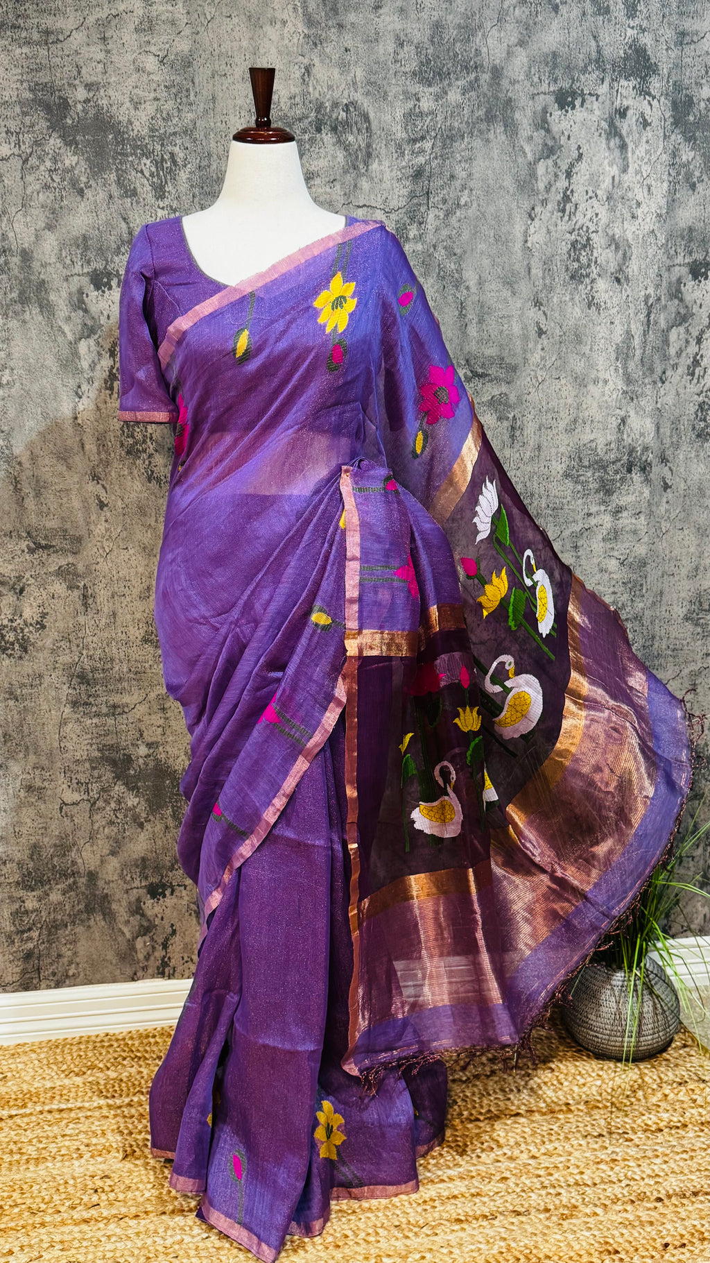 Pure silk linen saree with jamdani weave and stitched blouse