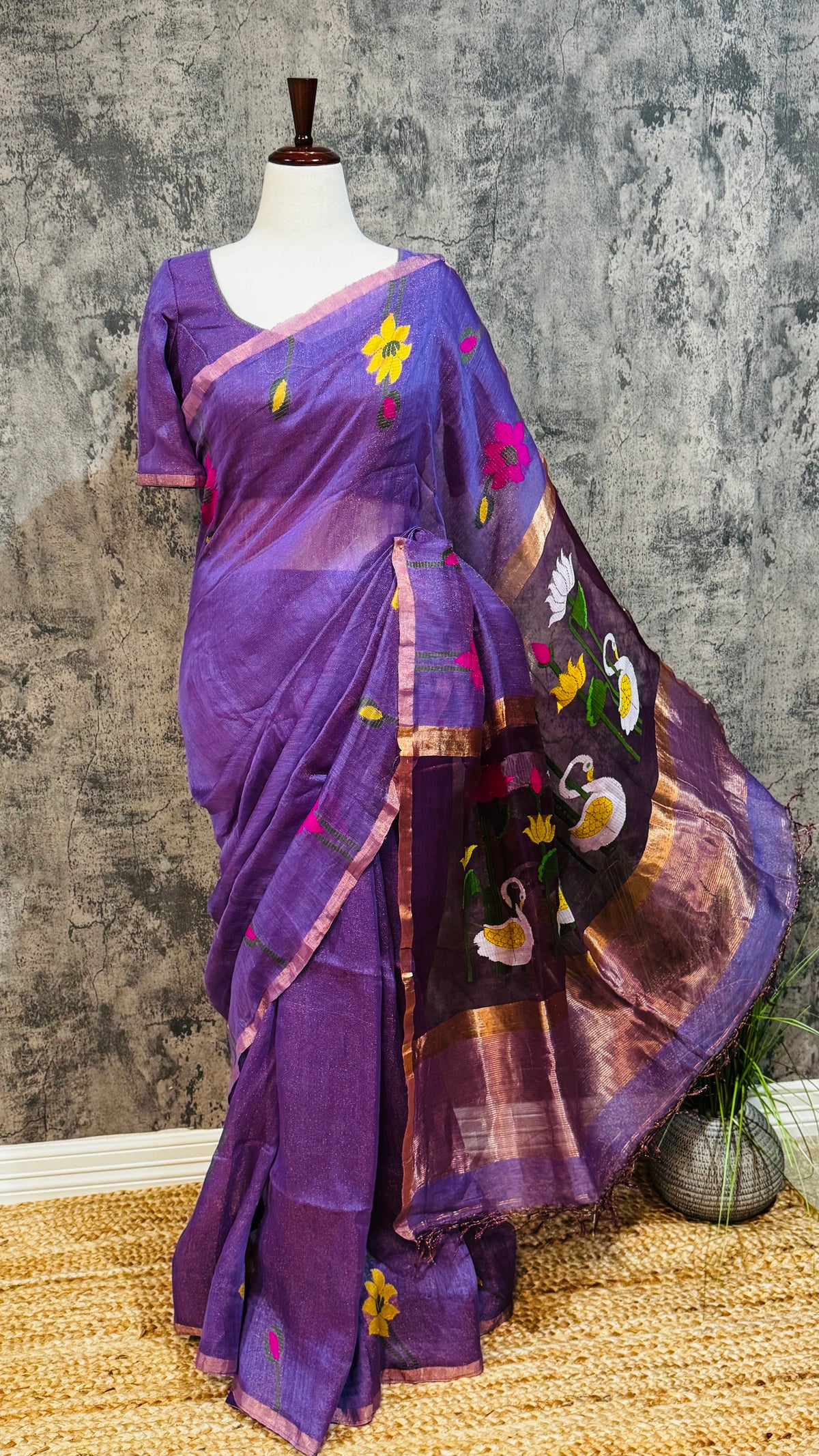 Pure silk linen saree with jamdani weave and stitched blouse