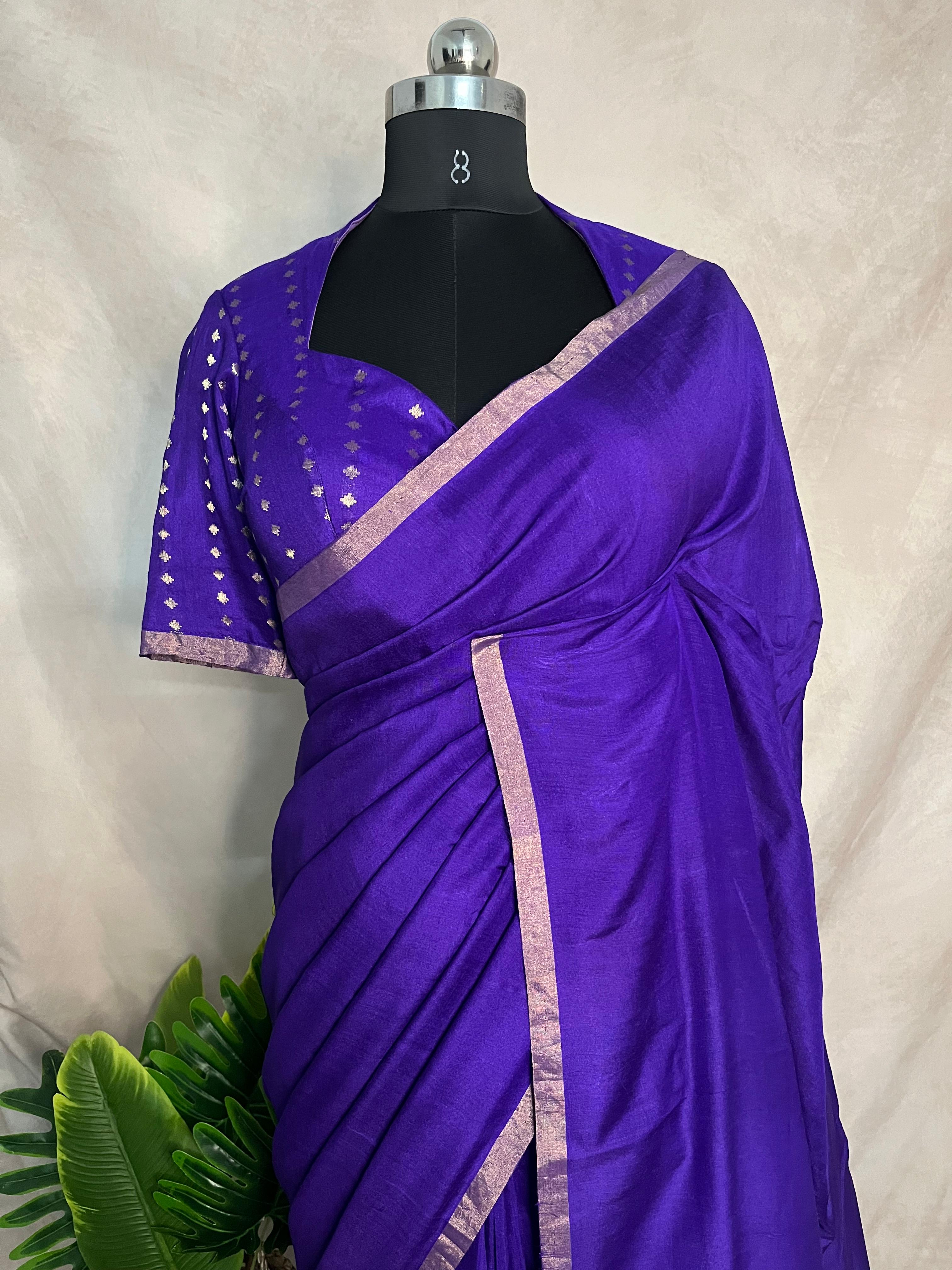 Purple munga tussar silk saree with designer pallu and stitched blouse