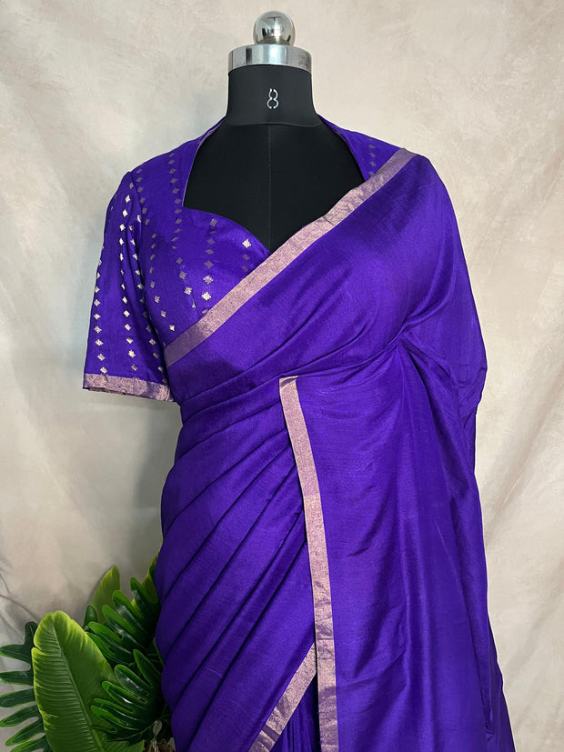 Purple munga tussar silk saree with designer paalu and stitched blouse