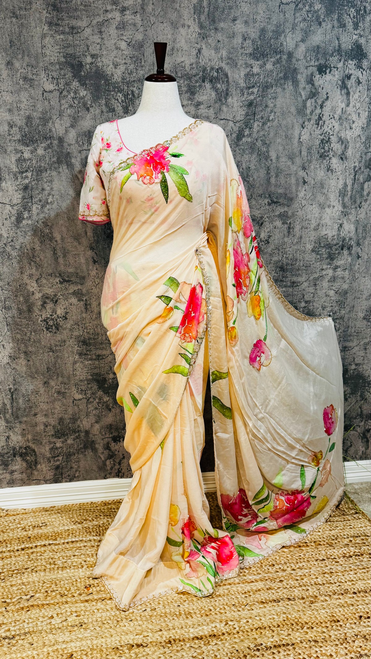 Crepe digital Printed saree with bead work and stitched blouse