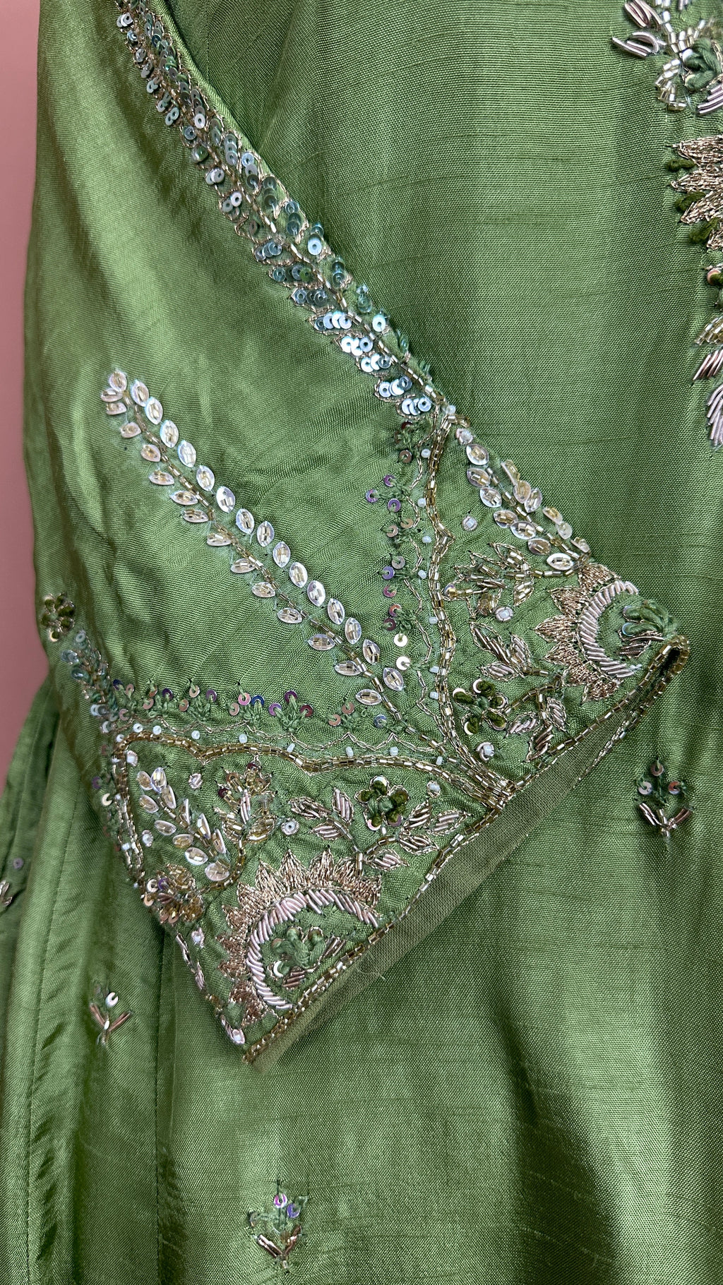 Olive green silk kurti set with hand embroidery