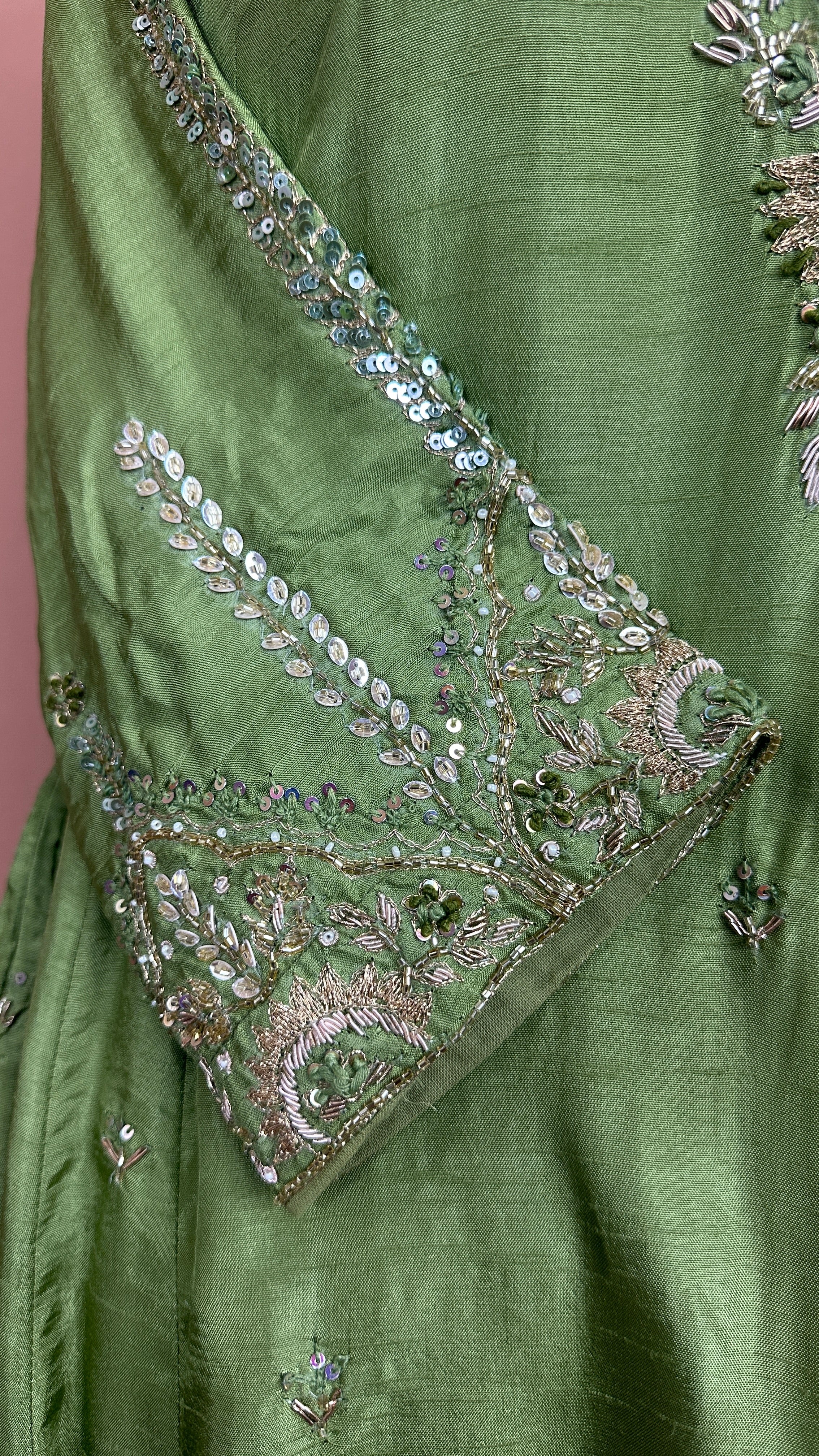 Olive green silk kurti set with hand embroidery