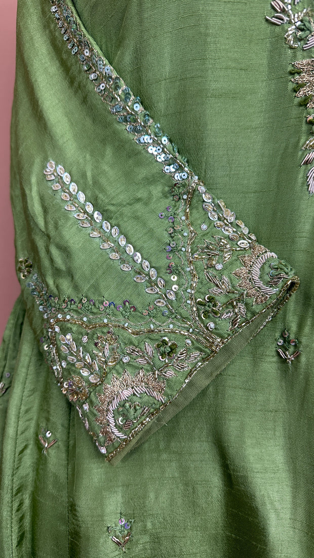 Olive green silk kurti set with hand embroidery