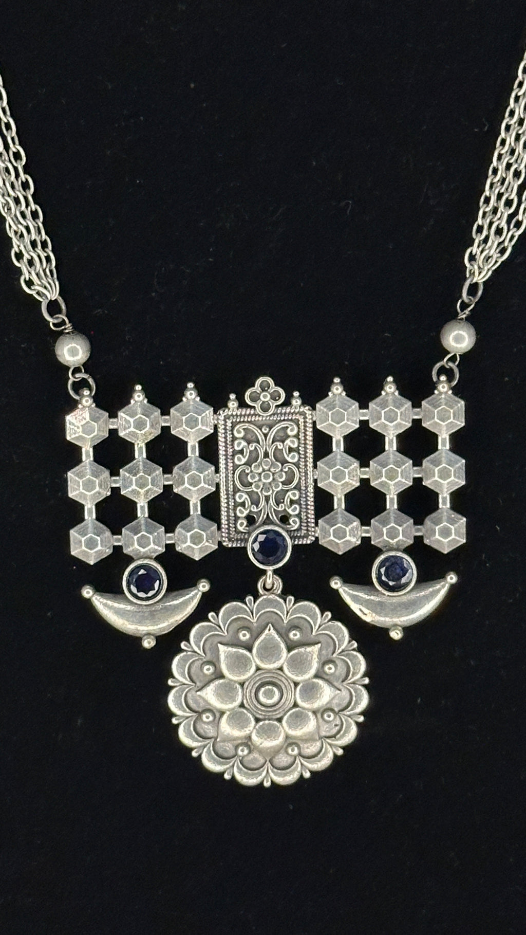 Silver replica necklace and earring - with blue stone