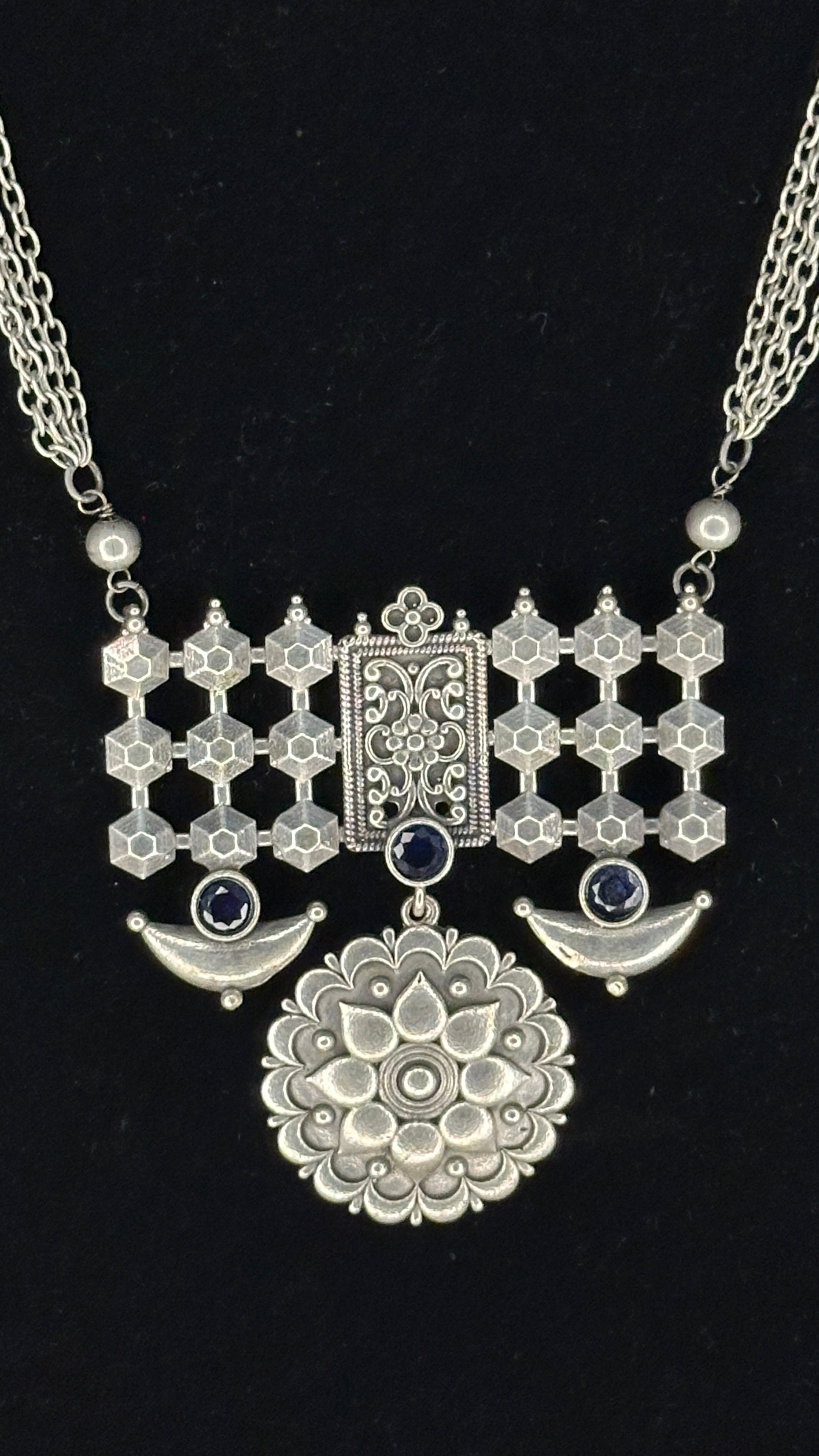 Silver replica necklace and earring - with blue stone
