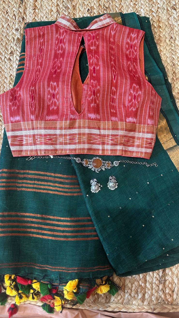 Handloom linen saree with sequins weave