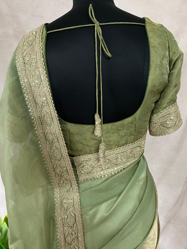Green organze tissue saree with stitched blouse