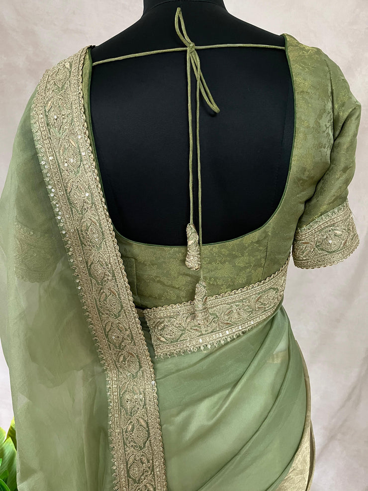 Green organze tissue saree with stitched blouse